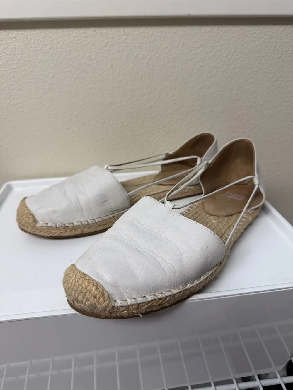 Eileen Fisher Creme White Leather Espadrille Flats with Elastic Straps Sz 9